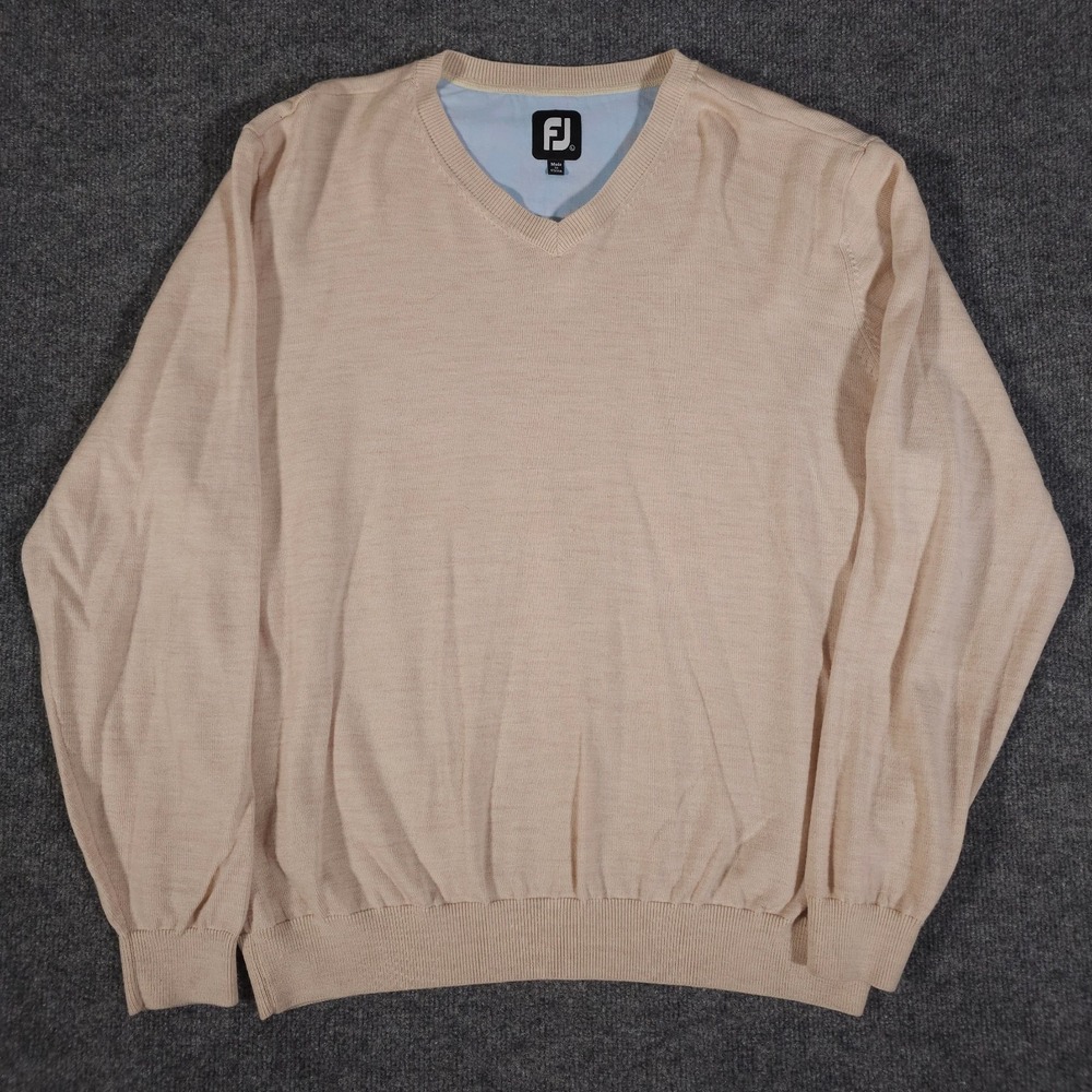 FootJoy Sweater Mens Large Beige Tan 100% Wool V Neck‎ Golf Knit Pullover